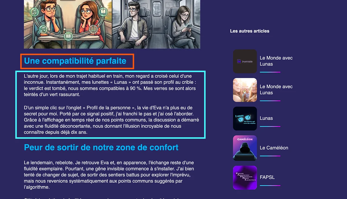 Page Le Caméleon du projet avec des encadré au niveau des texte