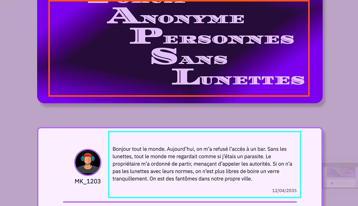 Page Le Caméleon du projet avec des encadré au niveau des texte