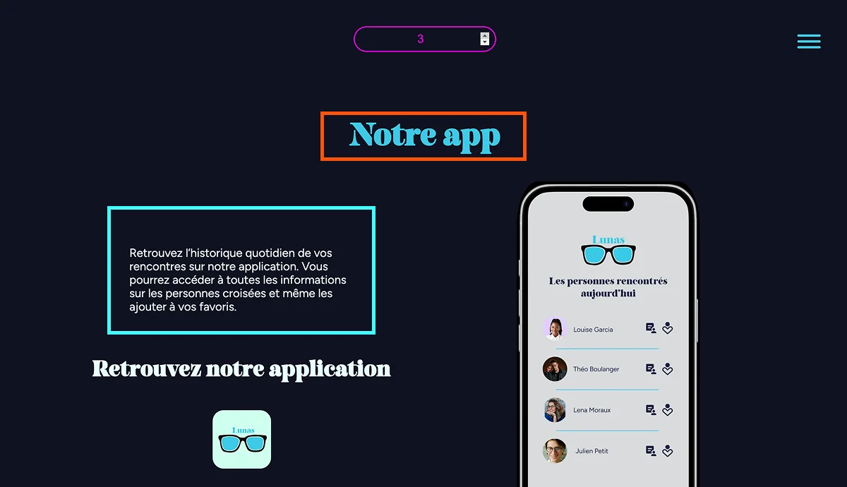 Page Lunas du projet avec des encadré au niveau des texte