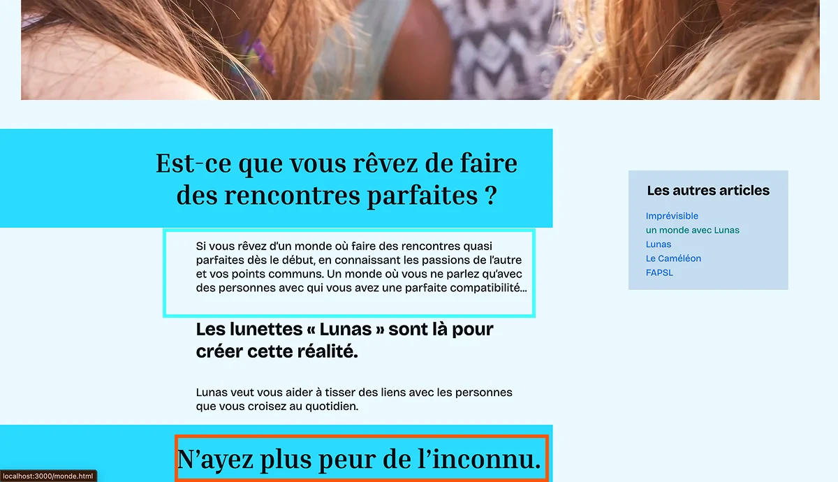 Page un monde avec Lunas du projet avec des encadré au niveau des texte